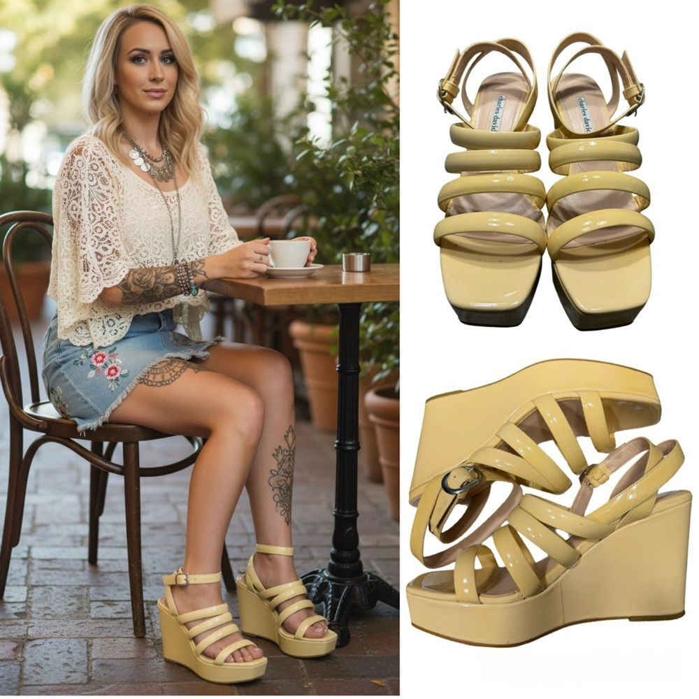 Charles David Warm Nude Platform Wedge Strappy Sandals